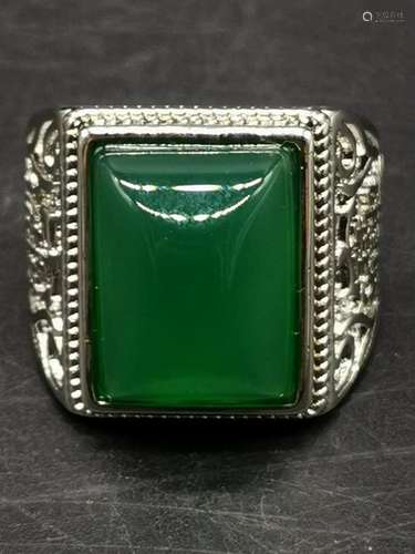 Chinese Silver Ring w Green Stone