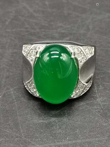 Chinese Silver Ring w Green Stone