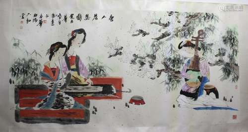 Chinese Ink Color Painting w Calligraphy, Signed