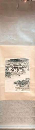 Chinese Ink Color Scroll Painting, Country Scene