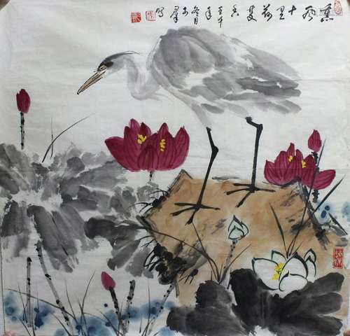 Chinese Ink Color Painting w Calligraphy, Signed