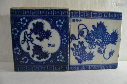 Antique pair of Chinese blue and white pillows