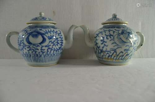 Antique pair of Chinese blue and white old teapot