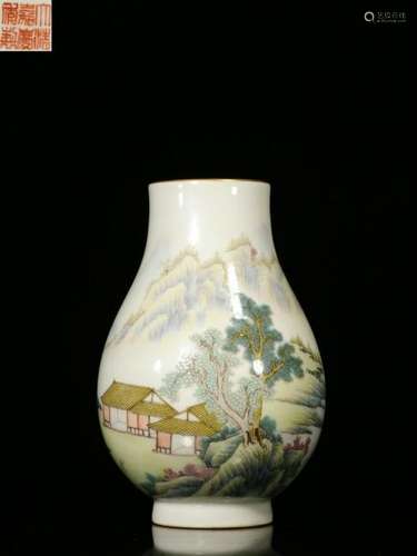 Republican Chinese Famill Rose Vase,Landscape Scen