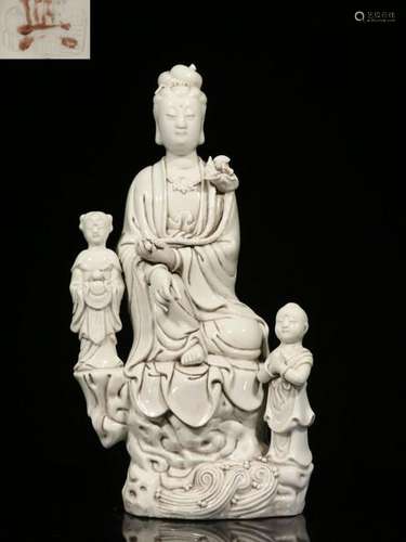 Qing Chinese Blanc De Porcelain Guanyin w Boys