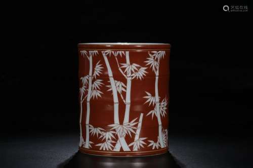 Chinese Red Glazed Porcelain Brushpot,Mark