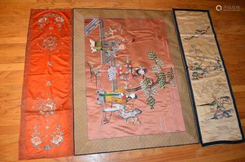 Three Chinese Silk Embroidered Panel Metallic Thre