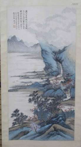 Chinese Ink Color Landscape Painting w Calligraphy