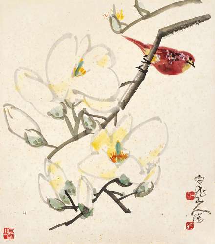 王震（1867～1938） 赏花·食穗 （二帧） 镜心 设色纸卡、设色绢卡