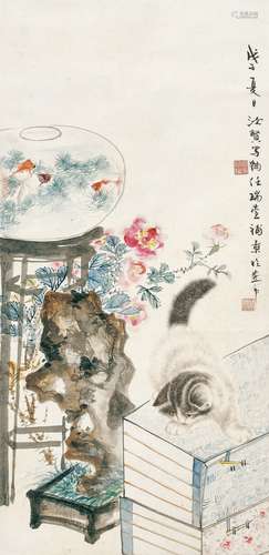 曹克家任瑞萱 戊子（1948年）作 清斋猫趣 立轴 设色纸本