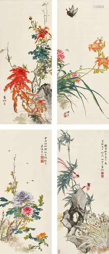 朱瑀（1883～1951） 甲戌（1934年）作 活色生香 （四帧） 四屏立轴 设色绢本