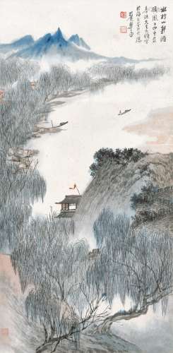 郑午昌（1894～1952） 甲申（1944年）作 水村山郭酒旗风 立轴 设色纸本