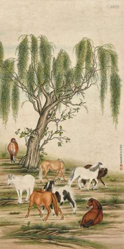 马晋（1899～1970） 戊辰（1928年）作 八骏图 立轴 设色纸本