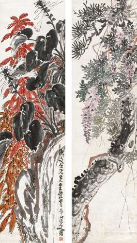 凌文渊（1876～1944） 紫藤·玉簪老少年 （二帧） 立轴 设色纸本