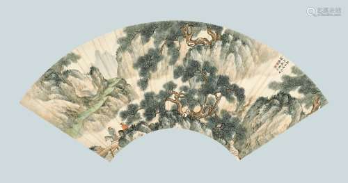 叶昀（1901～1983） 丙子（1936年）作 松山策马 扇面镜心 设色纸本