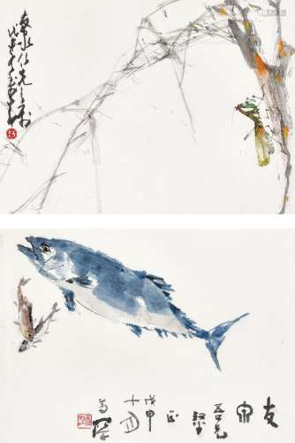 赵少昂杨善深 戊申（1968年）作 螳螂·海鱼 （二帧） 镜心 设色纸本