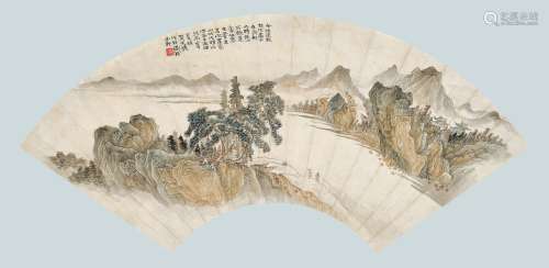 贺天健（1891～1977） 壬申（1932年）作 江岸纤夫 扇面镜心 设色纸本
