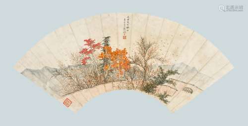 彭醇士（1896～1976） 辛巳（1941年）作 红树高秋雁南飞 扇面镜心 设色纸本