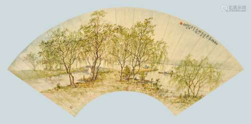 颜文梁（1893～1988） 三十一年（1942）作 柳塘春色 立轴 设色纸本