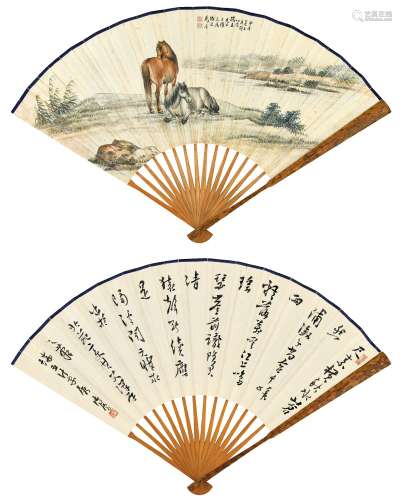 马晋（1899～1970）溥心畬（1896～1963） 溪畔双骏 杂钞 成扇 设色纸本