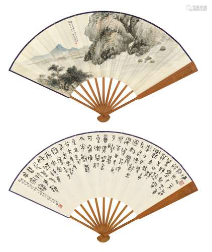 胡佩衡（1891～1962）王福厂（1880～1960） 丁卯（1927年）作 听泉图 《晋邦盦铭》 成扇 设色纸本