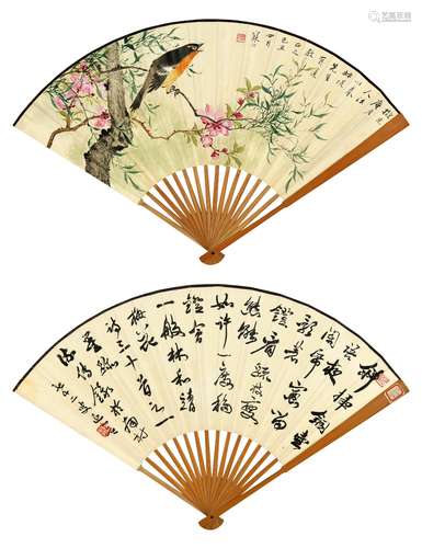 江寒汀（1903～1963）萧退闇（1876～1958） 春桃画眉 林逋《梅花诗》 成扇 设色纸本