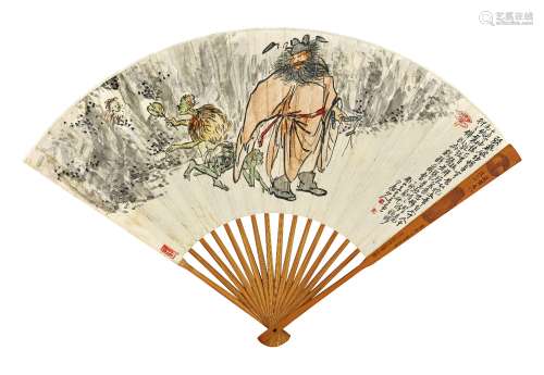 王震（1867～1938）李猷（1913～1996） 钟馗出行 节录王勃《干元殿颂》 成扇 设色纸本、水墨洒金笺