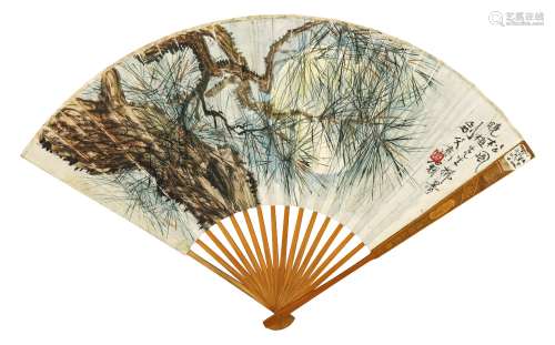 高剑父（1879～1951）张乐天（清末民国） 松风 节录《淮南子》 成扇 设色纸本、水墨洒金笺