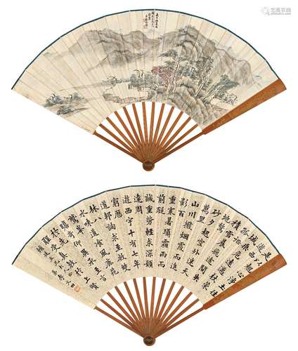 孙诒经（1826～1890）李文田（1834～1895） 秋山幽居 节录《大唐三藏圣教序》 成扇 设色纸本、水墨洒金笺