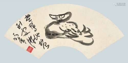 丁衍庸（1902～1978） 老鸭池塘到处游 扇面镜心 水墨纸本