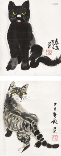 刘旦宅（1931～2011） 丁巳（1977年）作 双猫 立轴 设色纸本