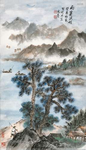 周元亮（1904～1995） 癸酉（1993年）作 雨霁渔村 立轴 设色纸本