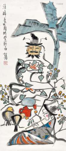 张桂铭（1939～2014） 戊辰（1988年）作 蕉阴听乐 立轴 设色纸本