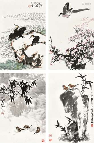 孙其峰（b.1920） 丁卯（1987年）作 四季花鸟 （四帧） 四屏镜心 设色纸本