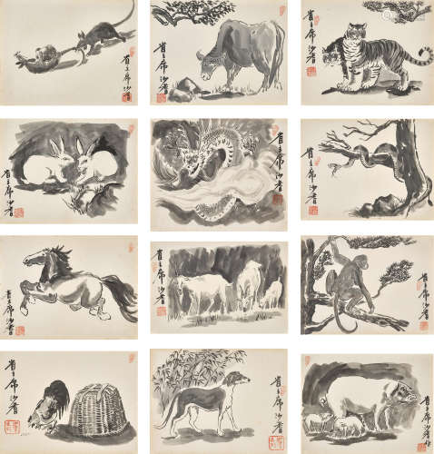 沙耆（1914～2005） 十二生肖 水墨 纸本