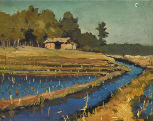 王文彬（1928—2001） 1972年作 收割后的稻田 油画 纸本