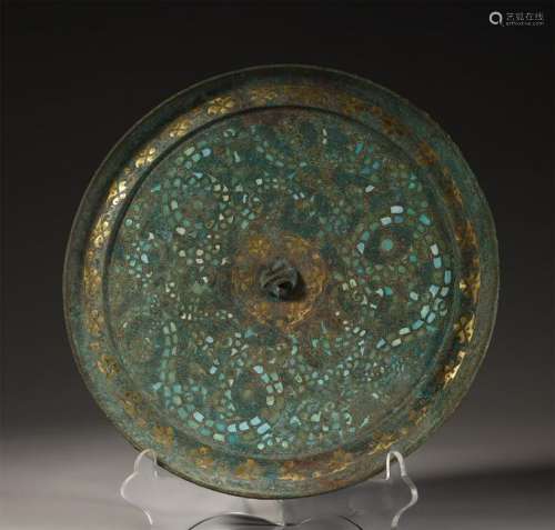 Bronze Mirror Inlaid with Gold, Silver and Turquoise