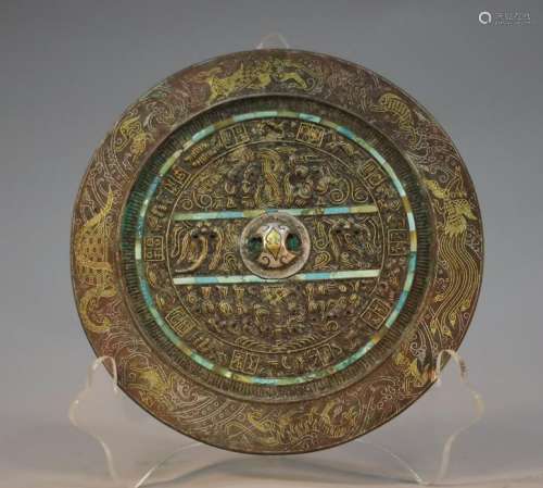 Bronze Mirror with Inlaid Gold, Silver and Turquoise