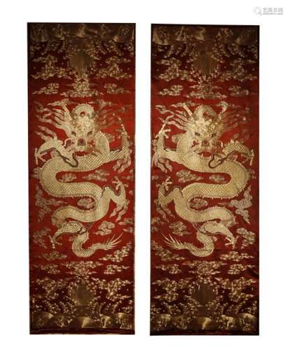 A Pair of Gold Embroidered Dragon Hang screens