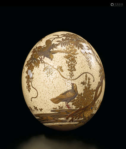 明治時代 蒔繪嵌螺鈿紫藤黃鳥圖鴕鳥蛋置物