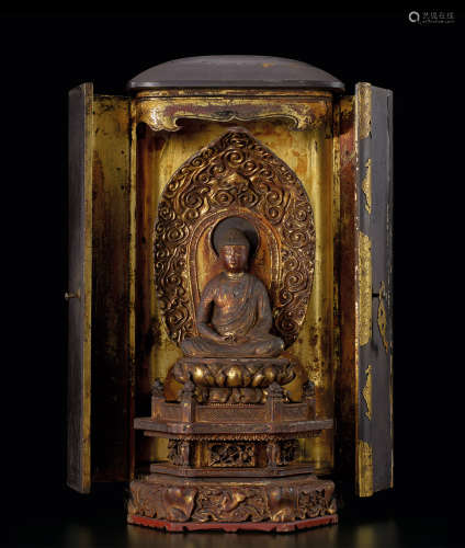 江戶時代早期 木雕漆金釋迦牟尼佛坐像暨佛龕
