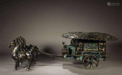 Bronze  Inalid Gold and Sil ver  Horse Carriage