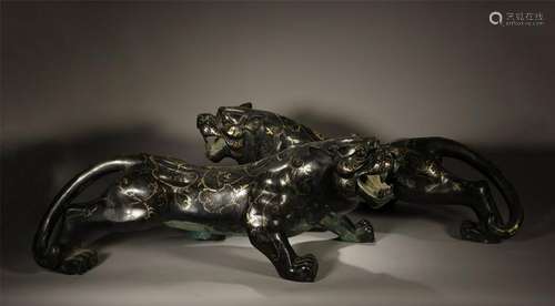 A Pair of Tigers with Inlaid Gold and Silver