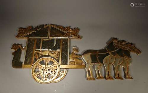 Gilt Bronze Inlaid Jade Horse Carriage Plaque