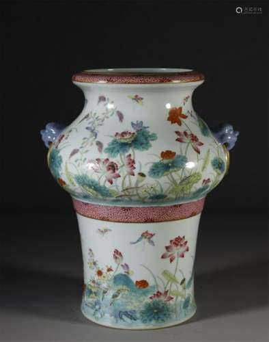 Famille Rose Lotus and Butterfly Vase