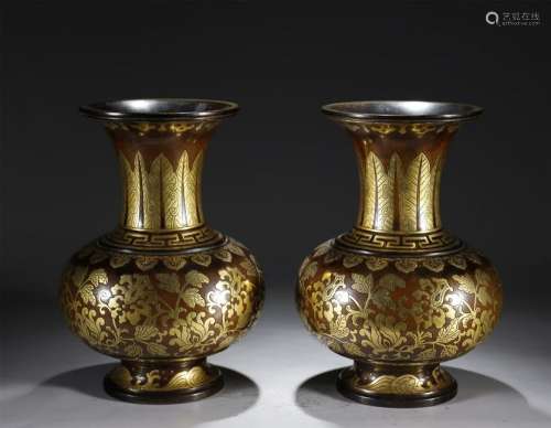 A Pair of Bronze Inlaid Gold Imperial Vases