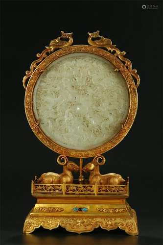 Gilt Bronze With Inlaid He Tian Jade Carved Screen