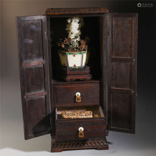 CHINESE GILT SILVER ENAMEL WHITE JADE SCHOLAR'S ROCK IN ROSEWOOD CABINET