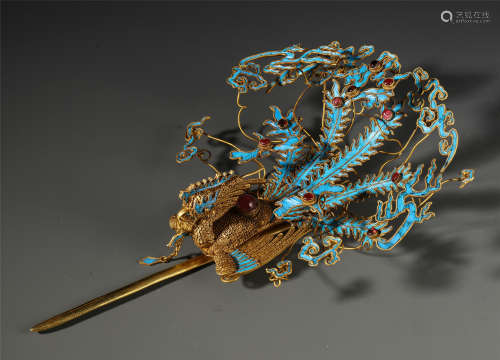 CHINESE GILT SILVER KINGFISHER FEATHER DECOR HAIRPIN