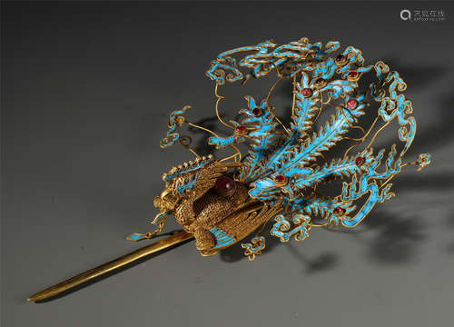 CHINESE GILT SILVER KINGFISHER FEATHER DECOR HAIRPIN